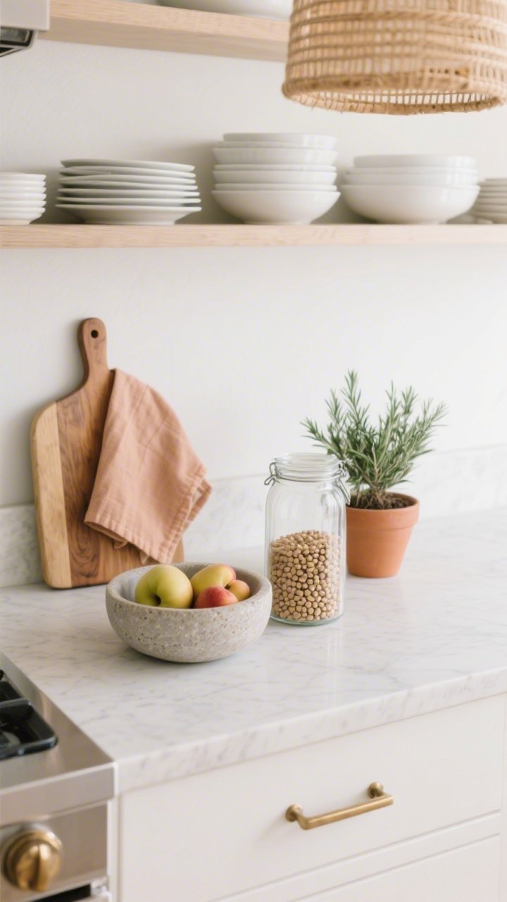 Overhead detail shot of a Lenten kitchen reset vignette on pale countertop: a wooden bread board, a stone fruit bowl with simple seasonal fruit, and a clear glass jar filled with dried lentils; background includes neatly stacked matte white dishes on open shelves, an unpinned linen tea towel in soft clay tones, and a single potted rosemary in a terracotta pot; hint of a rattan pendant above casting soft, honest light; palette of soft white, clay, sage, and natural wood with brushed nickel or aged brass accents; clean, airy feel, photorealistic, no people.