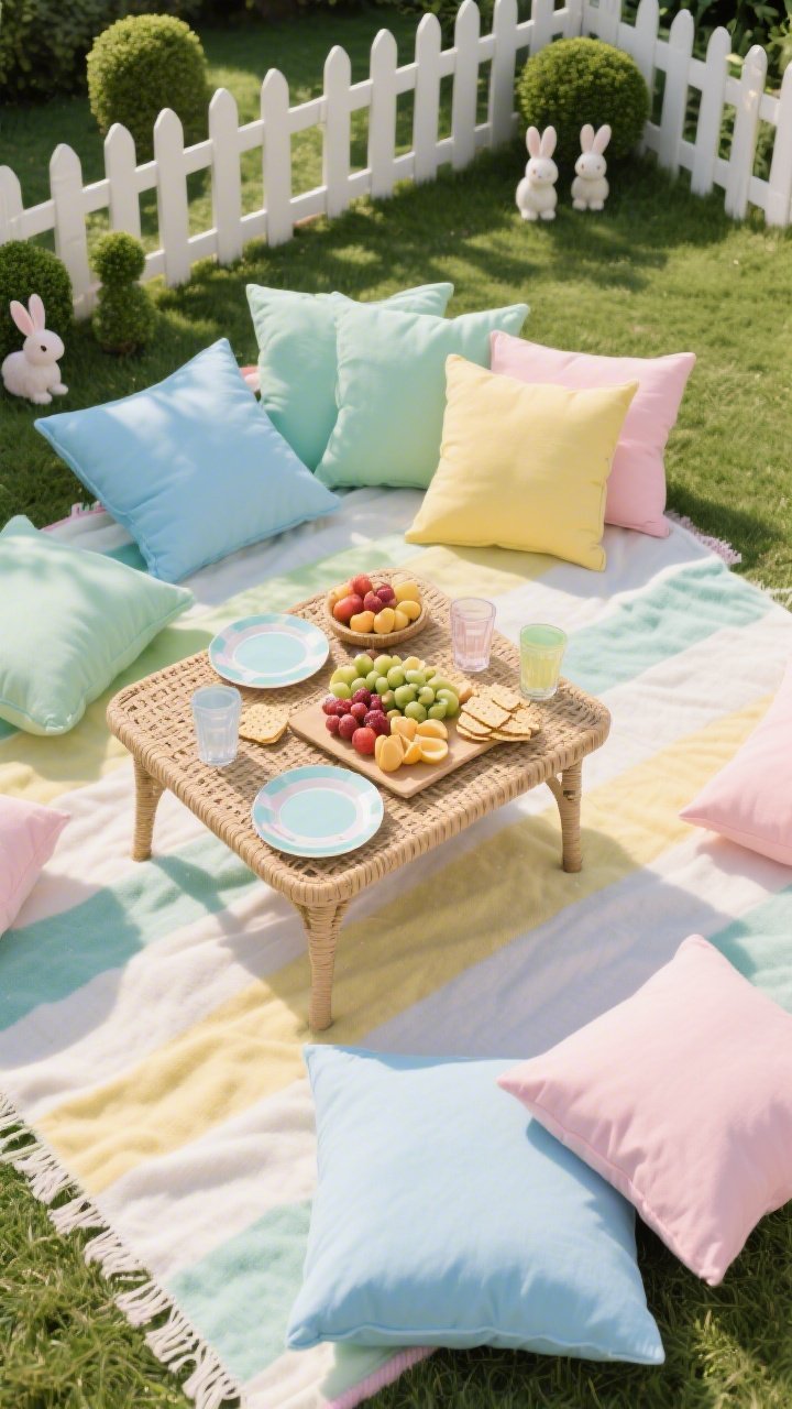 Overhead detail shot of a picnic lounge on lawn: a striped outdoor blanket layered with washable pastel floor cushions in sky blue, pistachio, lemon, and petal pink; a low rattan coffee table styled with melamine plates, a grazing board of fruit and crackers, and spill-proof tumblers with shatterproof chargers; edges of a miniature picket fence and glimpses of faux topiary bunnies framing the scene; soft daylight with gentle shadows; cheerful, family-friendly, photorealistic.