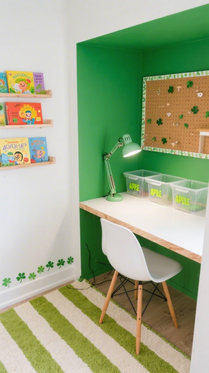 Overhead detail shot of a playful kid’s study nook desktop and wall edge: apple green painted alcove background, floating birch desk surface with pegboard storage partially visible; white wipeable chair edge; corkboard framed with tiny shamrock washi tape; trio of small shelves with brightly colored children’s books; striped rug in cream and kiwi peeking at the bottom; clip-on task light with a green enamel shade casting focused illumination; clear storage bins labeled in bold fonts; subtle micro-clover stencil along the baseboard.