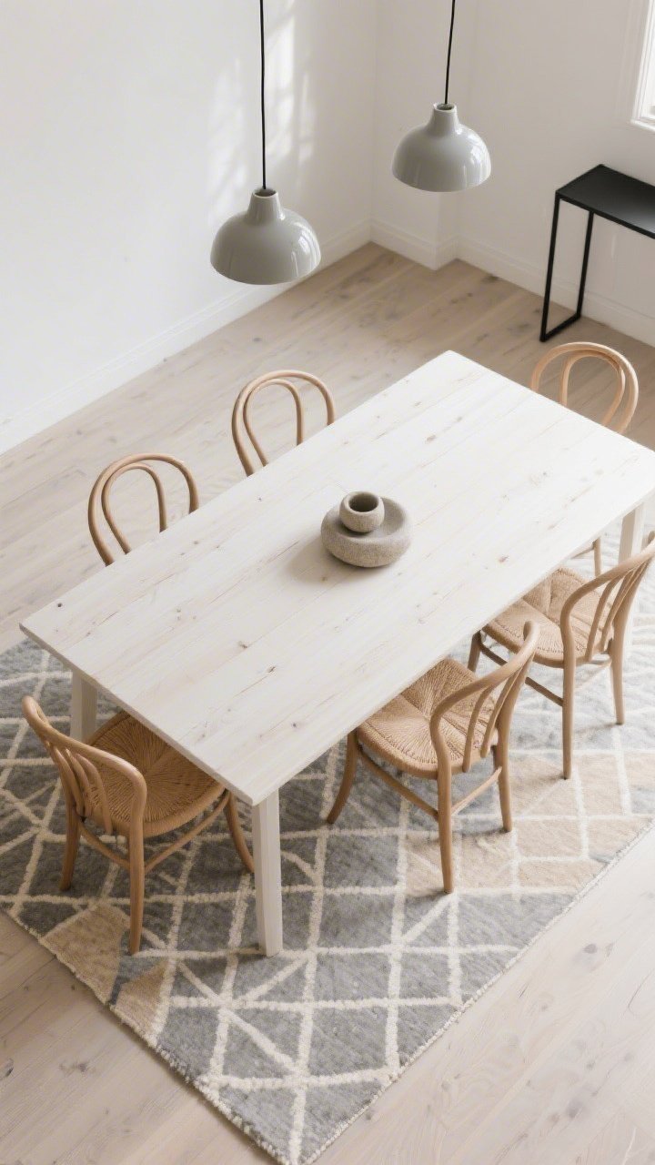 Overhead detail shot of a Scandi-serene dining setup: whitewashed oak table with curved wishbone chairs (paper-cord seats) all resting on a low-pile geometric rug in soft gray and oat tones with a simple grid pattern; chairs fully on the rug even when pulled out; matte porcelain pendants reflected softly, narrow black metal console in view near the edge, stoneware centerpiece on the table, pale oak and whisper beige palette; bright, diffuse natural light, clean lines, photorealistic.
