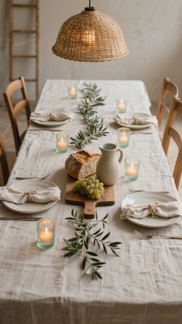 Overhead detail shot of a serene dining table sanctuary: stonewashed linen tablecloth in soft linen tone; off-white ceramic plates layered with tonal napkins tied in twine; centerpiece on a long breadboard featuring a crusty artisan loaf, a cluster of grapes, and a ceramic pitcher of water; olive branches running down the table flanking a thin row of clear-glass tealights casting candlelight amber; hints of ladder-back chairs and a warm rattan pendant glow falling across the scene; color story of linen, wheat, olive, and warm candlelight; intimate, sacred mood, photorealistic, no people.