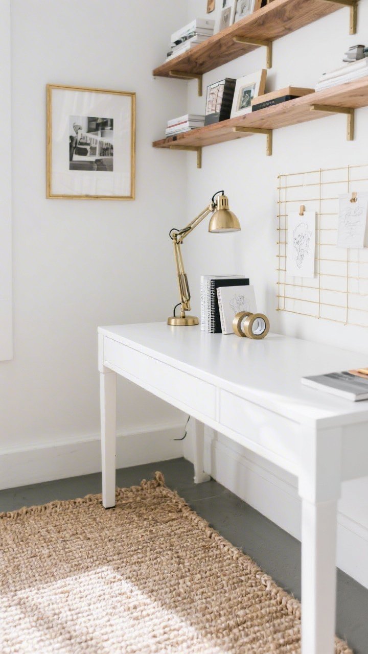 Overhead detail shot of a Studio Workspace corner: a white Parsons desk on a natural fiber rug with the weave visible; open oak shelves above holding neatly arranged objects; thin gold-edge frames around pinned inspiration pieces; a brass swing-arm task lamp extending over the work surface; bookends with metallic caps holding sketchbooks; washi tape in matte gold outlining a precise pinboard grid—slender metallic lines guiding layout; base tones white, oat, and soft graphite; bright, clean daylight.