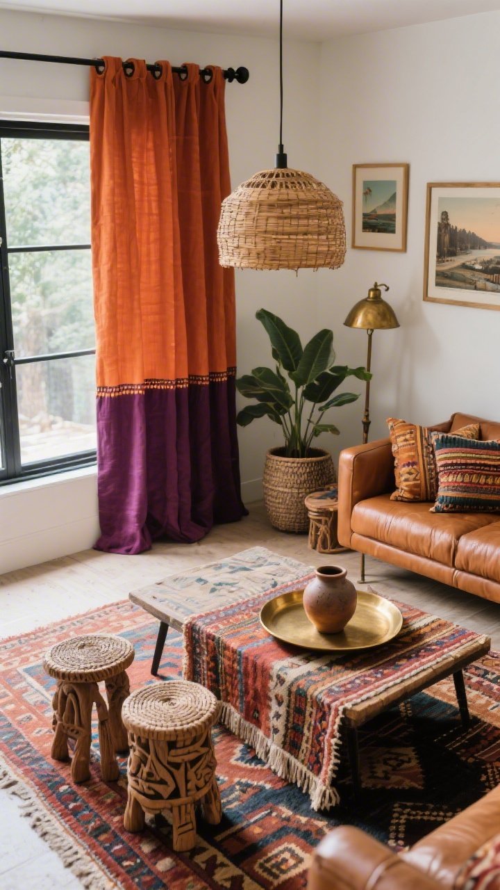 Overhead detail shot of an eclectic global mix coffee table and textile moment beside the window: two-tone color-blocked curtains with terracotta on top and deep plum on bottom (seam just below midpoint) on a black iron rod with chunky brackets. Kilim rug pattern visible beneath a brass tray holding hand-thrown pottery; nearby carved stools and woven baskets. Cushions layered with global textiles on a caramel leather sofa edge, framed travel prints hinted on the wall. A rattan pendant casts warm texture, vintage brass floor lamp in peripheral blur, oversized plant in a textured planter. Rich, earthy tones and tactile materials highlighted, photorealistic.