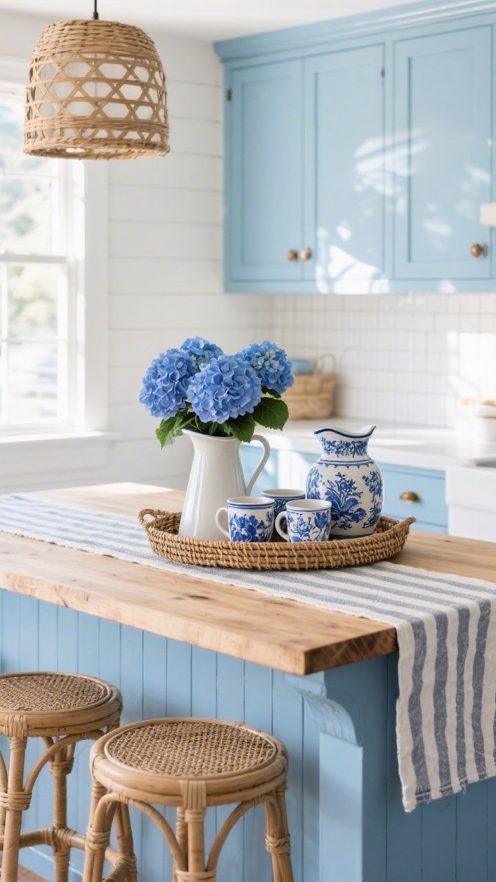 Overhead/detail shot of coastal textures and blues: freestanding island butcher block top with rattan tray, enamel pitcher filled with blue hydrangeas, blue-and-white pottery mugs and Delft-style jug; glimpse of soft cornflower blue cabinets with oiled bronze latches and white beadboard backsplash catching light; striped cotton runner below; wicker bar stool seats and a hint of oversized woven drum pendant shadow pattern; palette cornflower, crisp white, sandy tan, ink blue; bright morning light, beachy and breezy, photorealistic.