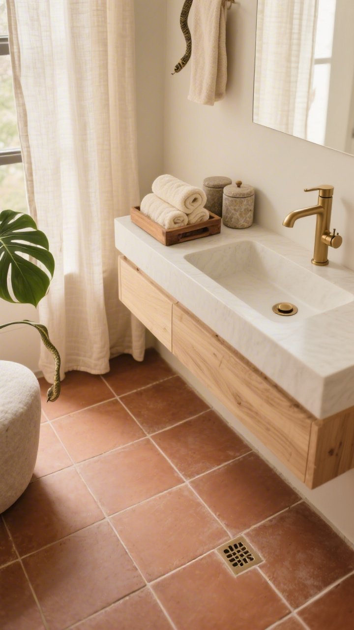 Overhead detail shot of earthy spa textures: matte terracotta square floor tiles meeting a creamy off-white wall, light maple floating vanity edge visible, champagne bronze faucet and drain components gleaming softly, linen curtain filtering warm daylight, stone canisters and a cedar bath caddy styled together, folded plush towels in neutral cream, a small snake plant leaf entering frame; layered materials (linen, wood grain, matte tile) with cozy, grounding color palette; warm, natural light, photorealistic.