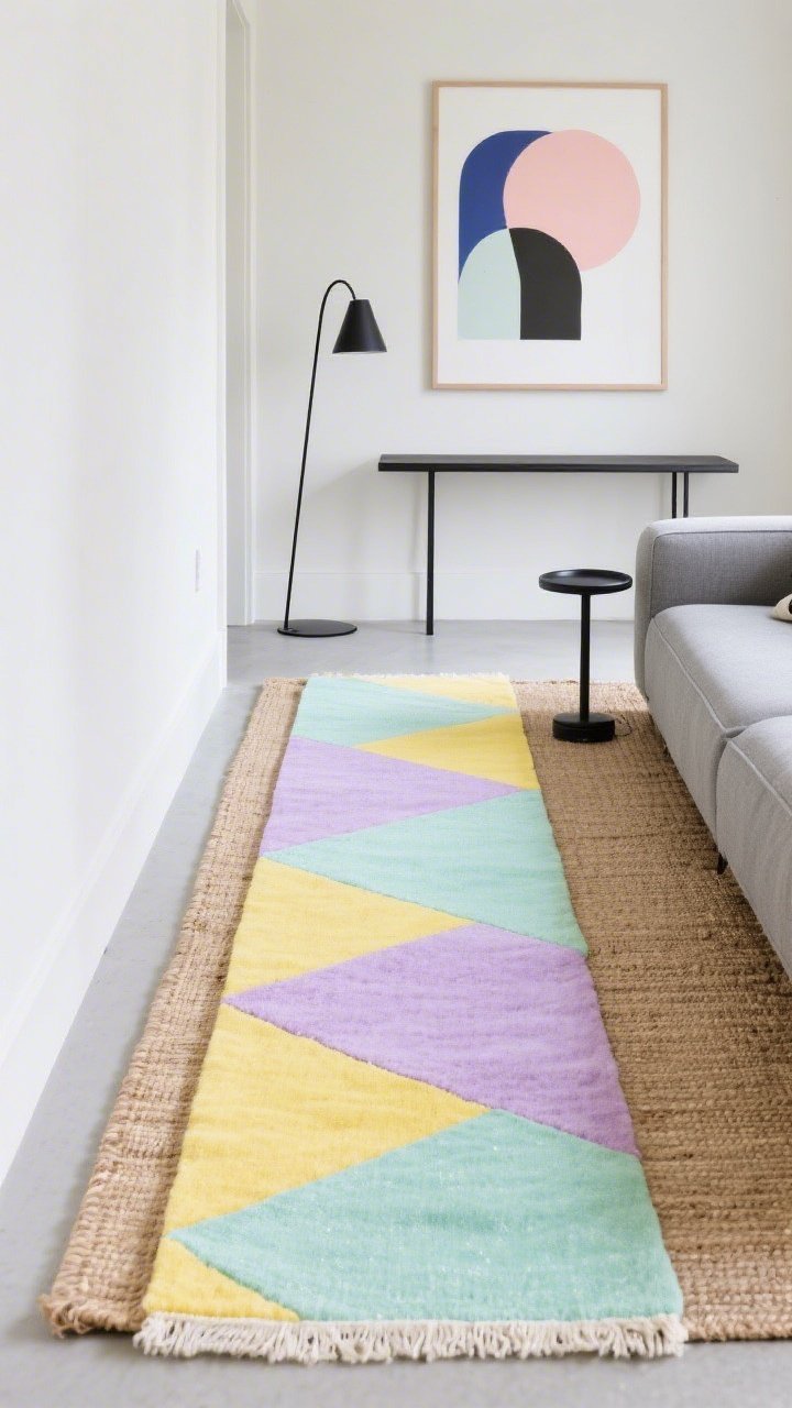 Overhead detail shot of layered rugs in a long, narrow living room: a pastel geometric runner (lilac, butter yellow, mint shapes) laid over a neutral jute base. Edges of a low-profile gray sectional visible, with minimal black metal side tables and a slim console. A single oversized graphic art print echoes the runner’s shapes on the wall edge. Sleek sculptural floor lamp base peeking into frame. Clean, modern, playful spring palette.