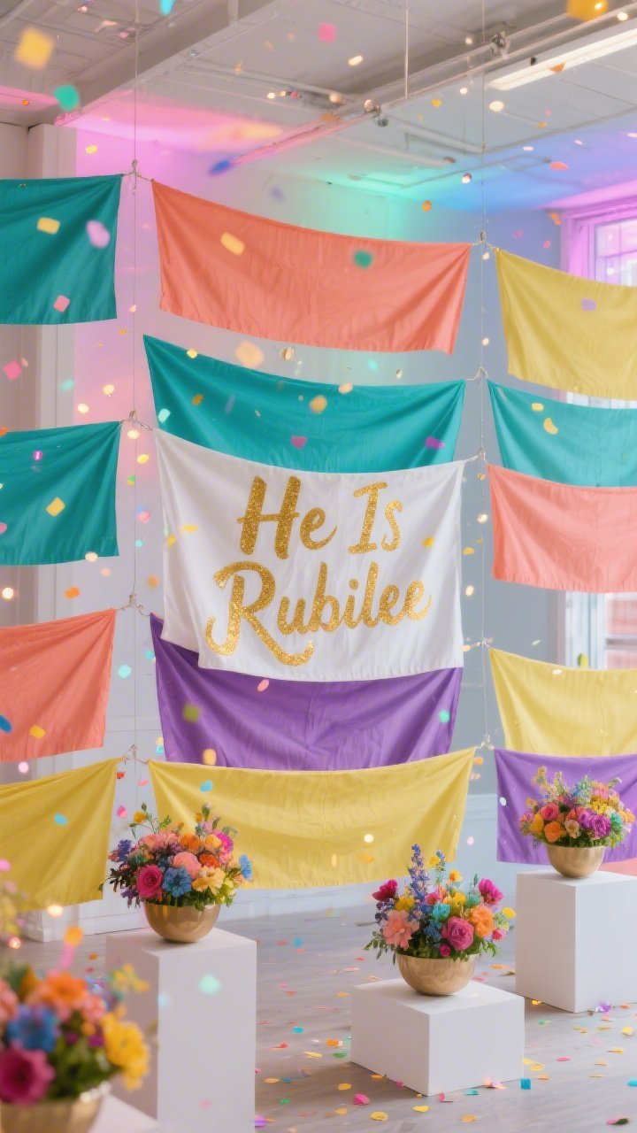 Overhead detail shot of “Spring Jubilee”: layered color-blocked fabric banners in coral, teal, lavender, and lemon suspended in a grid, staggered heights creating movement; at center, a hand-painted script banner reading “He Is Risen” in gold foil; glimpses of white risers below with low bowls of colorful floral clusters; playful confetti-style LED effects sparkling in the background; lighting set to energetic color chases; joyful, airy, festive textures and saturation; photorealistic.