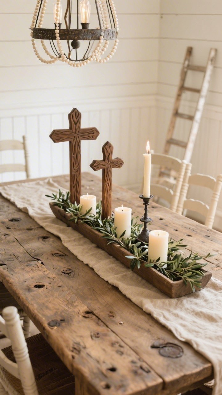 Overhead detail shot of the dining table centerpiece: Reclaimed wood farm table with visible knots and a long oatmeal linen runner. A low trough centerpiece filled with pillar candles and olive branches. Two carved wood crosses of different heights stand prominently, with a small iron cross tucked among the greenery for contrast. Hints of surrounding ladder-back chairs and creamy off-white board-and-batten paneling blur softly. Ambient glow from an iron cage or beaded chandelier above creates warm highlights. Welcoming, timeless farmhouse mood, photorealistic.