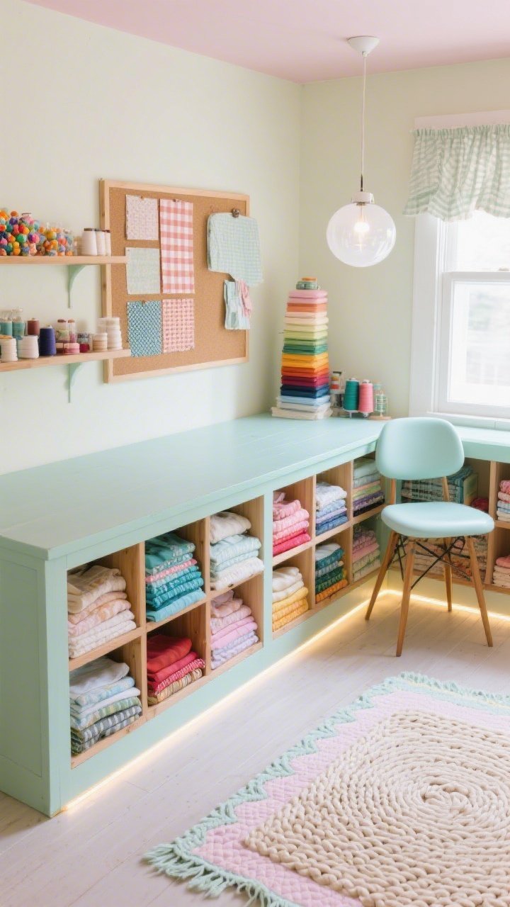 Overhead detail shot, Pastel Dream Quilt Studio: a matte mint large cutting table with built-in cubbies packed with neatly folded fat quarters; color-sorted fabric stacks on adjacent open shelves like a candy shop; buttercream wall and pale blush ceiling edge just visible; gingham-wrapped corkboard framing fabric swatches and WIPs; thread tower arranged by hue near a pastel retro chair by a window; white glass globe pendant glow and under-shelf LED strips softly lighting the scene; braided pastel rug and scalloped Roman shade trim peeking into frame; gentle, airy mood, photorealistic textures of cotton and wood.