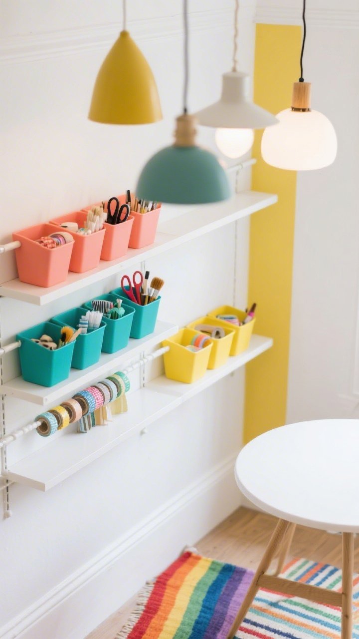 Overhead detail shot, photorealistic: A color-blocked craft gallery vignette focusing on open shelving where supplies are sorted by color in matching bins—coral, teal, and lemon—against crisp white trim. A rail system neatly organizes washi tape rolls, scissors, and brushes by hue. The edge of an oval white worktable and a glimpse of a striped rug echoing the rainbow zones are visible. Pendant lights with mixed shapes hang in a clustered composition above, slightly out of focus. Bright, cheerful lighting that enhances saturation while keeping whites clean and modern.