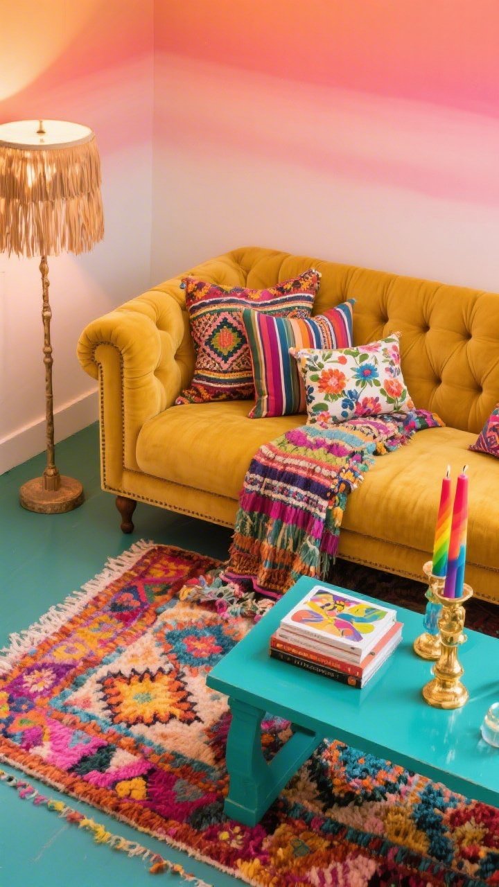 Overhead detail shot, Playful Color-Soaked Boho: a colorful Moroccan rug layered with a smaller shag runner; corner of a tufted saffron sofa with mixed patterned pillows—ikat, stripes, florals—spilling onto the seating; a lacquered teal side table styled with rainbow glass candleholders and a whimsical art book stack; warm glints of gold accents; edge of a fringe floor lamp visible; background hint of a sunset ombré wall shifting from peach to coral to blush; vibrant, joyful lighting, photorealistic.