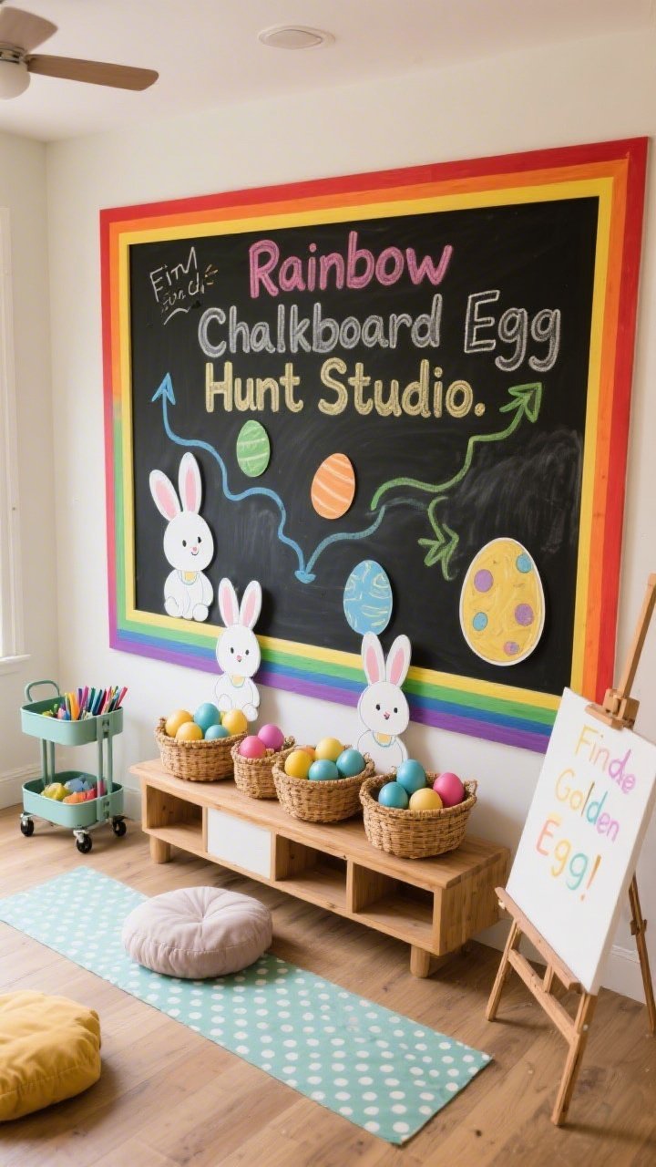 Overhead detail shot: “Rainbow Chalkboard Egg Hunt Studio.” A large black chalkboard paint panel framed in rainbow trim (red, orange, yellow, green, blue, violet). Chalk-drawn paths and arrows lead to real oversized eggs arranged in baskets below. Magnetic cartoon bunny cutouts are placed along the board. Big bubbly chalk lettering reads “Find The Golden Egg!” Include a low rolling cart for chalk, a bench with cubbies, and an easel nearby. Floor cushions and a polka-dot runner complete the playful setup. Even, soft lighting to reduce glare on the chalkboard; sharp, photorealistic textures of chalk dust, wood grain, and woven baskets.
