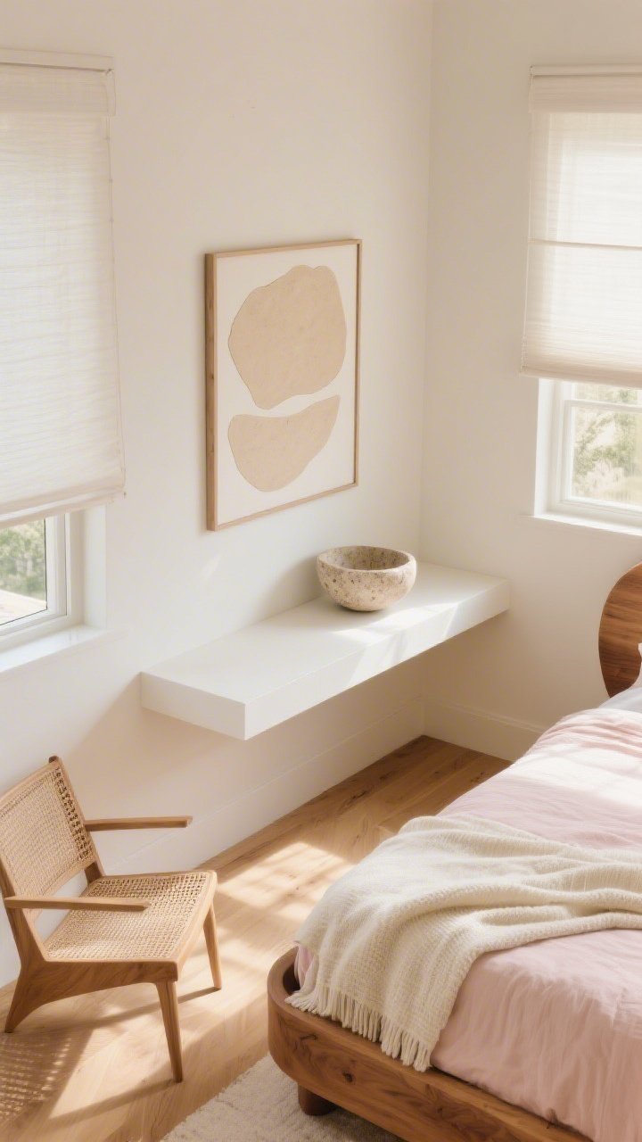 Overhead detail shot, Sunlit Sandscape: top-down view of a floating white-oak shelf styled with a travertine bowl and sandy abstract artwork leaning against a pale sand wall; edge of a rounded oak bed frame visible with textured cream throw and layered pale beige and whisper-light blush bedding; linen roman shades filtering bright sunlight across white-oiled oak floors; airy rattan chair corner cropping in; palette of sand, pale oak, ivory, blush; sun-washed highlights emphasizing grain and weave, photorealistic.