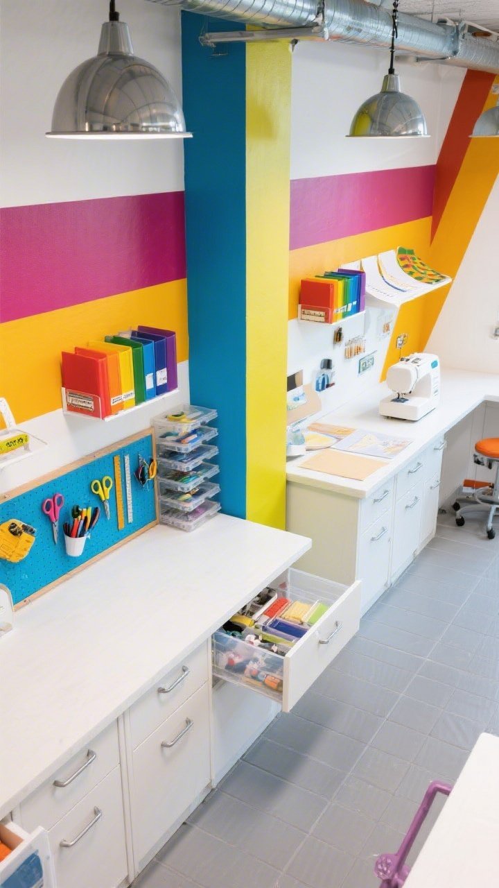 Overhead detail shot: The color-blocked craft lab’s organized zones—white laminate counters with acrylic drawers revealing supplies, a magnetic paint strip neatly holding scissors and rulers, rainbow file bins and labeled wall rails; bold cobalt, marigold, and magenta paint applied as a wide horizontal stripe behind the sewing area, a tall vertical block at the paint station, and a diagonal accent over the paper zone; light gray rubber tile flooring visible beneath; industrial pendant reflections hinting above; punchy and precise, photorealistic, no people.