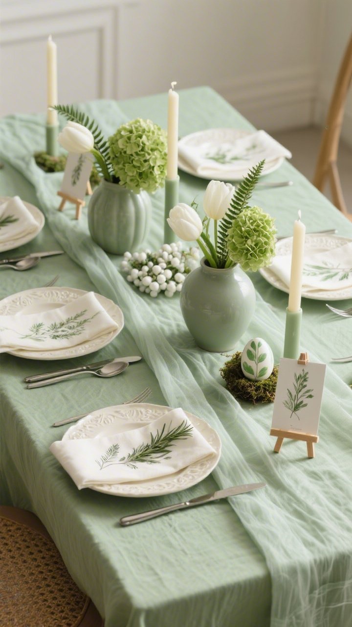 Overhead medium shot, soft even lighting: A sage green tablecloth layered with a slightly lighter celadon gauze runner for tone-on-tone depth. Matte ceramic vases holding white tulips, snowberries, and green hydrangea with tucked fern fronds, staying strictly in greens and creams. Cream dinnerware with subtle botanical emboss, brushed nickel flatware, and napkins printed with delicate botanical sketches folded into rectangles, each topped with a sprig of rosemary. Botanical art prints clipped to mini easels as place markers. Sage and cream taper candles at staggered heights, and a single painted egg in a tiny moss nest at each setting for a serene monochrome composition.
