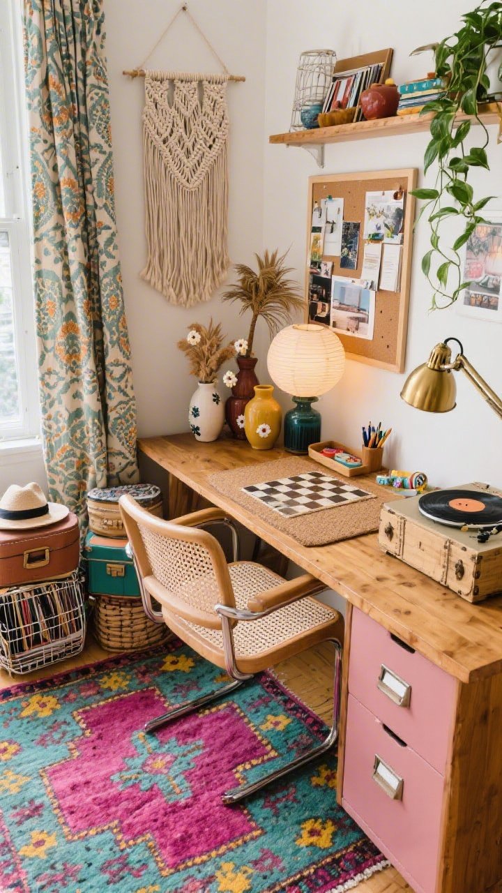 Overhead-plus-angled studio workspace shot, Eclectic Boho Studio Workspace: vintage rug bursting with magenta, teal, and mustard anchoring the scene; mid-century wooden desk with a caned chair; natural linen-wrapped pinboard above filled with inspiration clippings; patterned curtains in a muted suzani print and a chunky macramé wall hanging softening the lines; playful storage including wire baskets, stacked hat boxes, and a painted filing cabinet in dusty rose; articulated brass task lamp on the desk and a paper lantern providing ambient glow; a cluster of ceramic vases with dried palms and billy buttons; a hand-painted checkerboard on a cork mat; a small record player with a crate of vinyl, tray for pens and washi tape, and a trailing pothos along a shelf; lively yet organized, photorealistic.