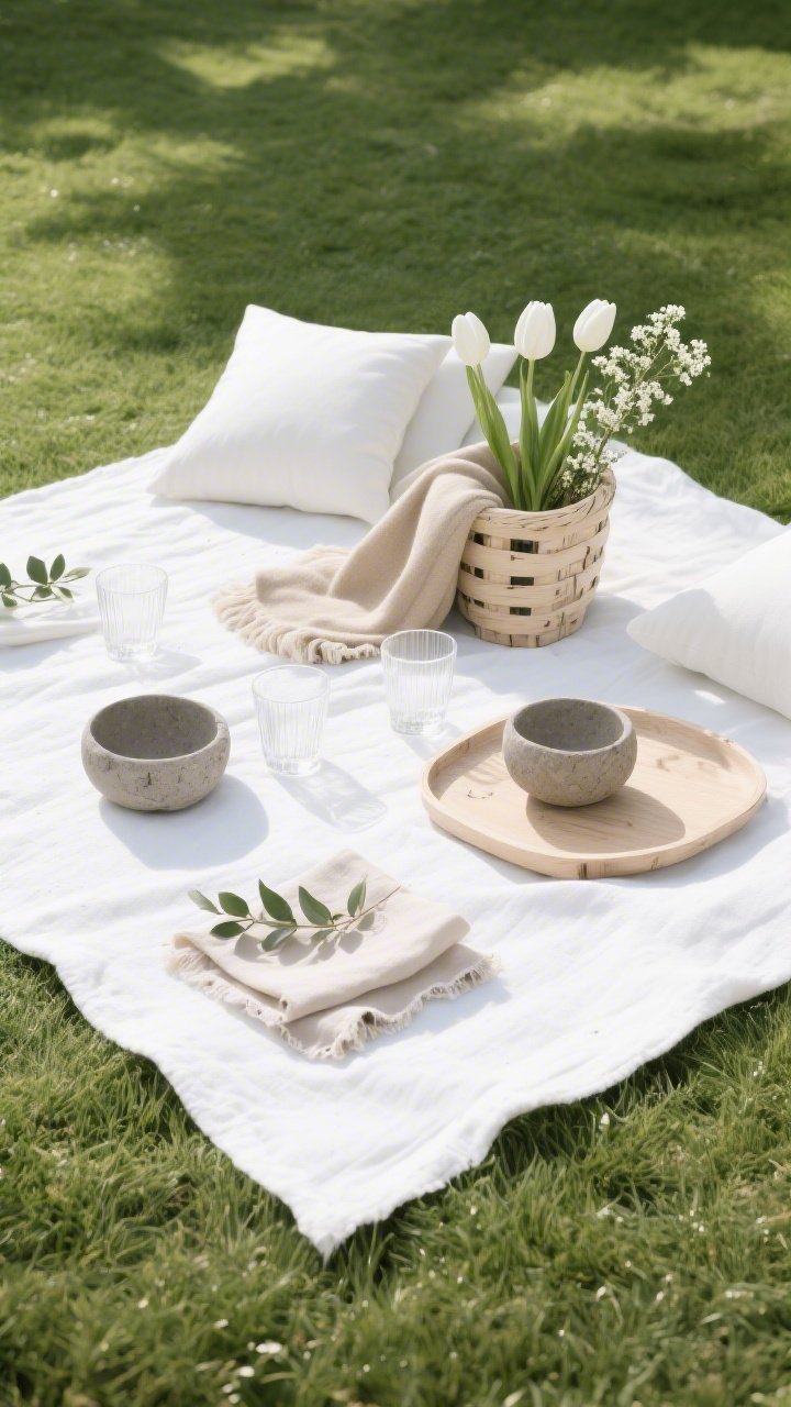Overhead shot – Minimalist Scandinavian Neutrals On The Lawn: A crisp white linen blanket on green lawn with carefully placed matte stone bowls, clear glass tumblers, and pale birch trays. A structured pale ash/birch-tone basket holds white tulips and sprigs of baby’s breath. A single sand-colored throw and two ivory cushions add quiet comfort. Subtle eucalyptus and raw-edge linen napkins emphasize clean lines and airy silhouettes. Midday natural sunlight bounces off the white textiles, producing soft, diffuse highlights. Color palette: white, soft taupe, sand, pale wood. Perspective: flat lay overhead for minimalist symmetry.