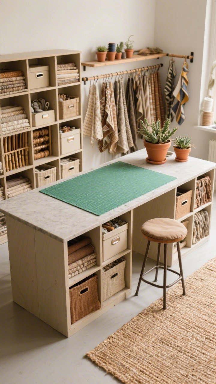 Overhead shot, Natural Textures Textile Haven: a generous cutting island formed by two KALLAX 2x4 units back-to-back topped with a thick KARLBY slab, capped by a green self-healing mat; DRÖNA fabric cubes in oatmeal and cinnamon tones filling cubbies; VARIERA shelf inserts neatly stacking fat quarters; bamboo SKUBB boxes with notions; SKUDFRÄGA (or BETYDLIG/RÄCKA) rods along one edge displaying hanging fabric yardage and ribbon spools like a boutique; DALFRED bar stool with cushion tucked to the island; terracotta pots with succulents and a sisal runner visible; warm, earthy textures under soft natural light, photorealistic.
