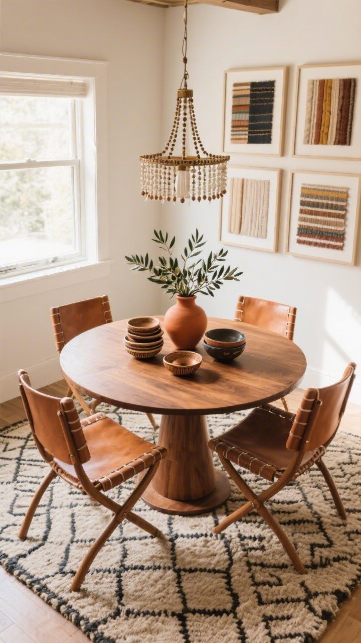 Overhead table shot: Artisan Market dining nook with a round warm-wood pedestal table surrounded by leather sling chairs on a geometric flatweave rug, a beaded chandelier just entering frame above, tabletop styled with stacked handmade bowls and a terracotta vase filled with olive branches, and framed textile swatches on the nearby wall; morning, natural light.