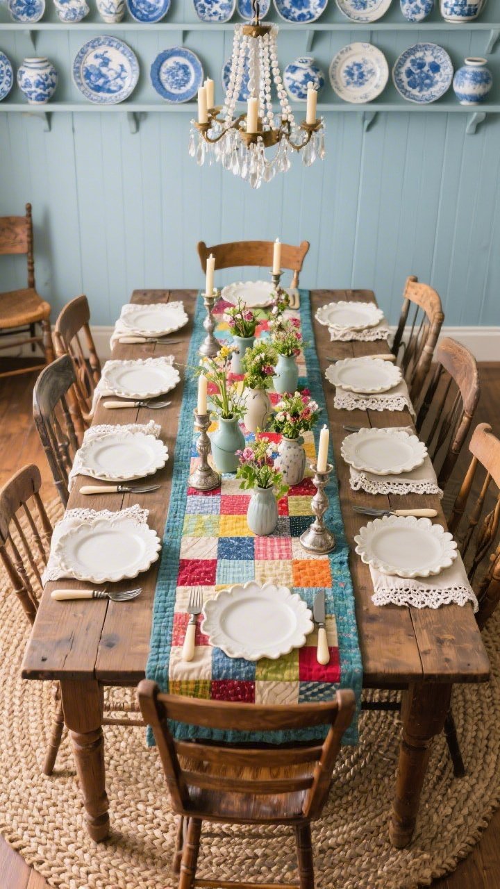 Overhead tablescape shot: Heirloom dining room farmhouse table draped with a vintage quilt used as a bold runner, showcasing colorful patchwork. Place settings feature scalloped-edge plates, bone-handled flatware, and linen napkins with crochet trim; centerpiece is a cluster of small bud vases with garden cuttings and old silver candlesticks. Background hints of duck-egg blue walls, a plate rail loaded with blue-and-white ceramics, mismatched wooden chairs, and a braided oval rug underfoot. Warm chandelier light from a beaded or candle-style fixture creates a welcoming supper mood, photorealistic.