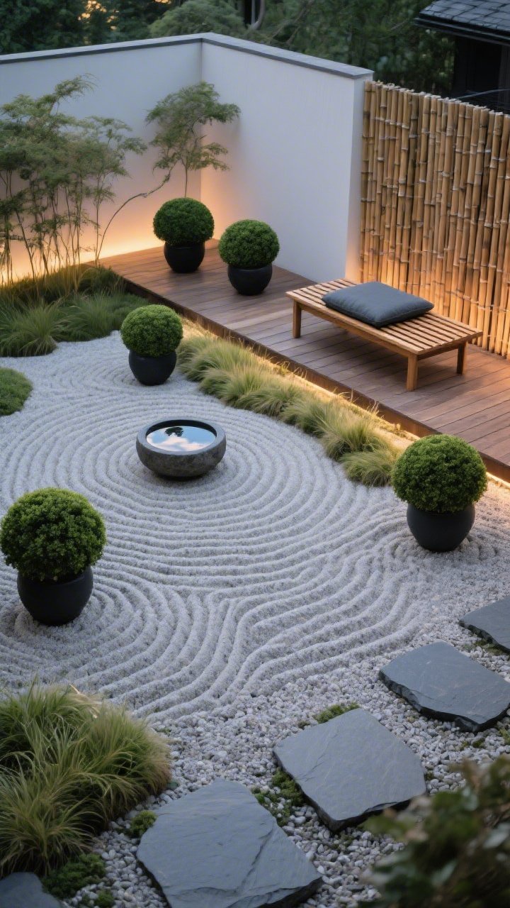 Overhead-to-oblique view of a serene Zen gravel garden: smooth raked gravel patterns with charcoal pots holding sculpted boxwood spheres; low deck edge lined with Japanese forest grass for movement and added Carex for gentle texture; single stone water bowl reflecting sky; slatted teak bench with a single slate cushion; slate stepping stones and a narrow bamboo screen; warm LED uplighting beginning at dusk; balanced, minimalist calm.