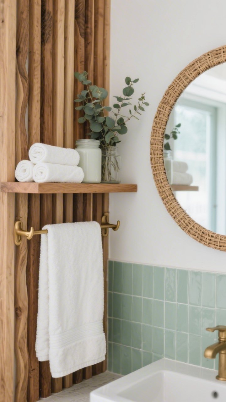 Photorealistic closeup detail, coastal bathroom: vertical teak slatted panel acting as a wall and shelving system, with slim teak ledges clipped across like gentle waves; rolled white towels, milky glass canisters, and a eucalyptus bundle arranged neatly; soft sage tile visible beside the slats; unlacquered brass hooks catching light; round rattan mirror softly reflected from off-frame frosted window; palette sage, white, natural teak; misty daylight for spa-like freshness, tight framing on textures and materials.