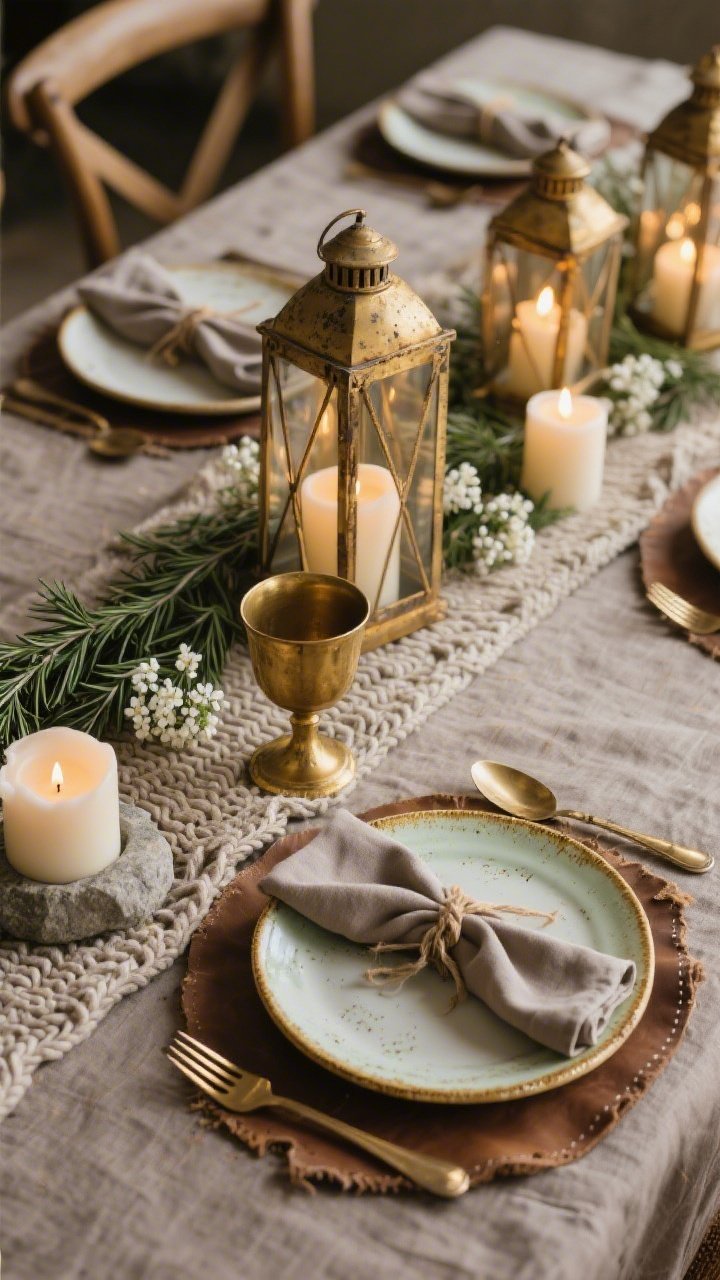 Photorealistic closeup detail from a cozy rustic tablescape: taupe washed-linen cloth topped with a chunky handwoven runner, cream ceramic plates with faint mottled gold rims resting on raw-edged leather placemats. Cluster of weathered gold lanterns with glowing pillar candles, sprigs of rosemary and white waxflowers tucked among them. Antiqued gold flatware beside matte taupe napkins tied in a loose knot. A stone chalice-style cup edged in brushed gold nearby. Warm, intimate candle clusters, palette of taupe, cream, weathered gold, soft green; textured, tactile feel; no people.