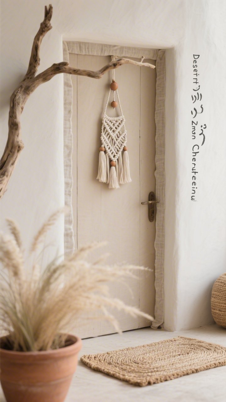 Photorealistic closeup detail from a side angle titled “Desert Wanderer Minimal”: warm sand-toned door with a slim coarse-linen wrap tracing the frame; macramé tassel centerpiece suspended from a small driftwood branch, adorned with subtle clay beads; a single hand-painted Hebrew script line along the side reading “Zman Cheruteinu”; nearby textures include a woven reed doormat and the rim of a terracotta pot with feathery grasses blurred in foreground; gentle natural light emphasizing sand, clay, ivory, and soft gray tones; quiet, serene mood.