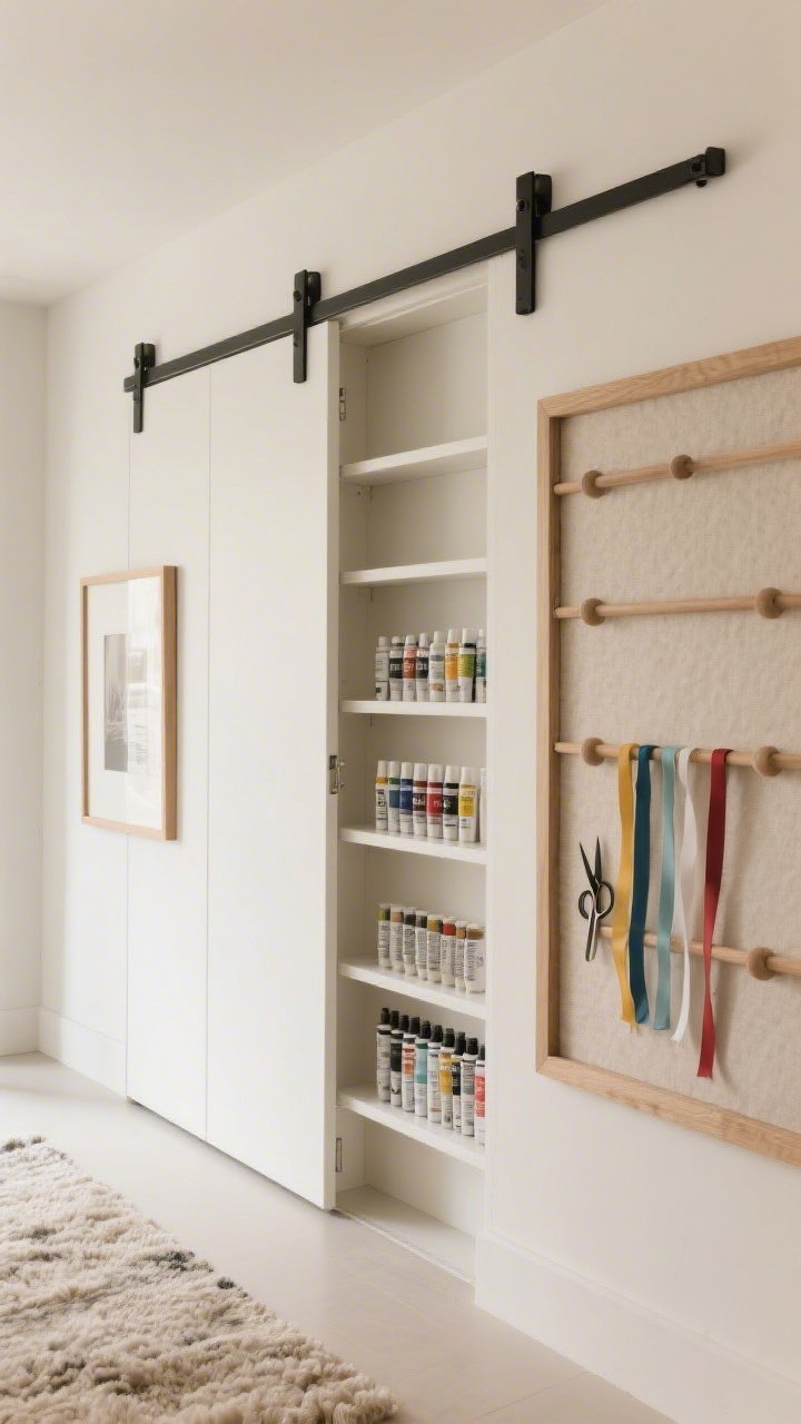 Photorealistic closeup detail, oblique angle of minimalist slider storage: a warm white wall of shallow sliding panels (picture-frame-like) on rails; one panel pulled forward revealing slim shelves lined with neatly arranged paint tubes; another partially slid to show ribbon dowels with color-coded ribbons ready to snip; finishes of soft oak frames and matte black pulls; subtle textures of a linen pinboard edge and a plush rug below; serene gallery-like lighting, clutter-free, streamlined mood