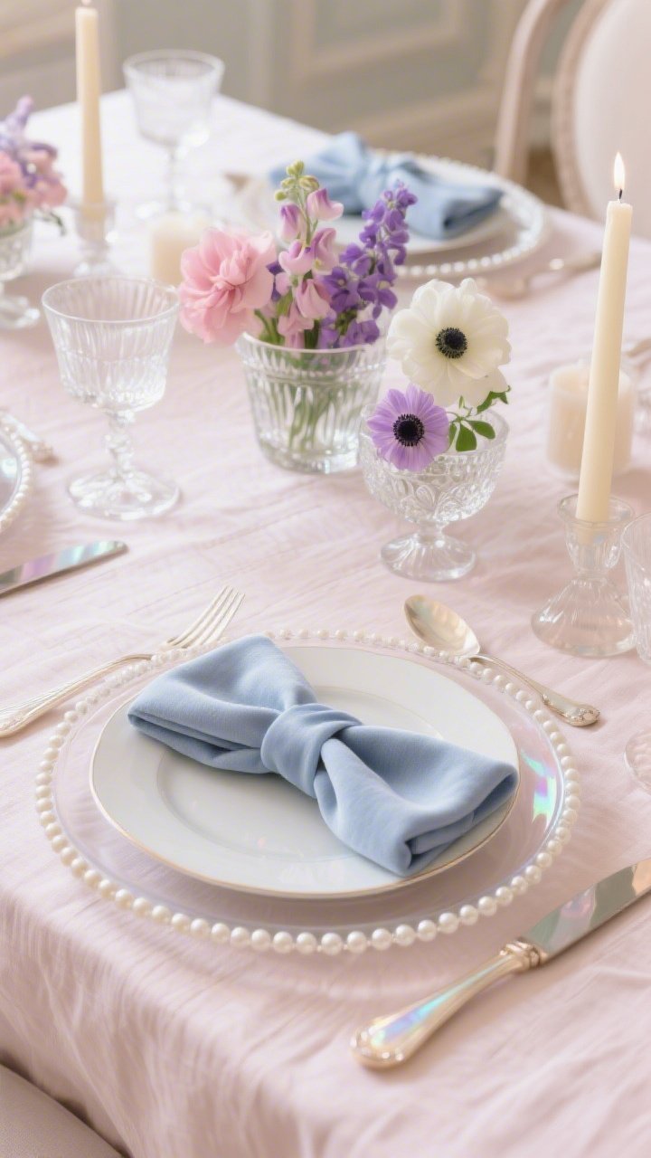 Photorealistic closeup detail of Soft Pastel Elegance: pale blush linen tablecloth with a soft weave visible, milky glass chargers beneath pearl-edged plates catching a gentle sheen. Dusty blue napkins cinched with velvet ribbon, the pile of the ribbon clearly textured. Airy florals—pink sweet peas, lilac, and white anemones—arranged in small crystal compotes; cut-crystal coupes nearby sparkle subtly. Milky opaline holders with cream tapers provide a diffused glow. Include hints of iridescent flatware and mother-of-pearl knife rests. Soft, flattering, low-glare lighting; palette of blush, dusty blue, ivory, and lilac.