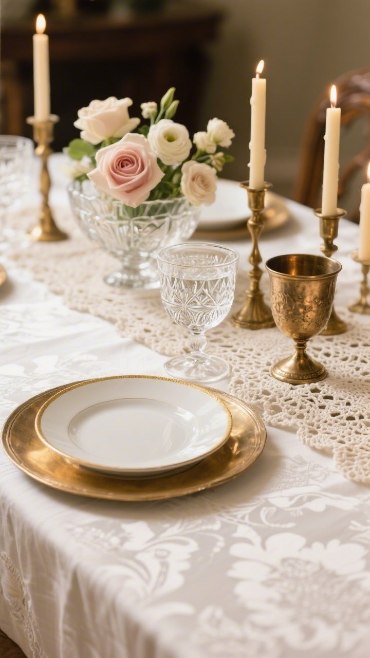 Photorealistic closeup detail shot capturing heirloom textures: soft white damask cloth with a crocheted lace runner layered on top, fine bone china with a thin gold rim resting on antique brass chargers. In frame: vintage cut-crystal water goblet and low etched coupe glass, plus mixed-height antique brass candlesticks with cream tapers softly glowing. Background blur hints at a small crystal bowl filled with garden roses, lisianthus, and ranunculus; a hammered brass kiddush cup near the head of the table. Warm, intimate lighting, palette of soft white, cream, antique brass, clear crystal; no people.