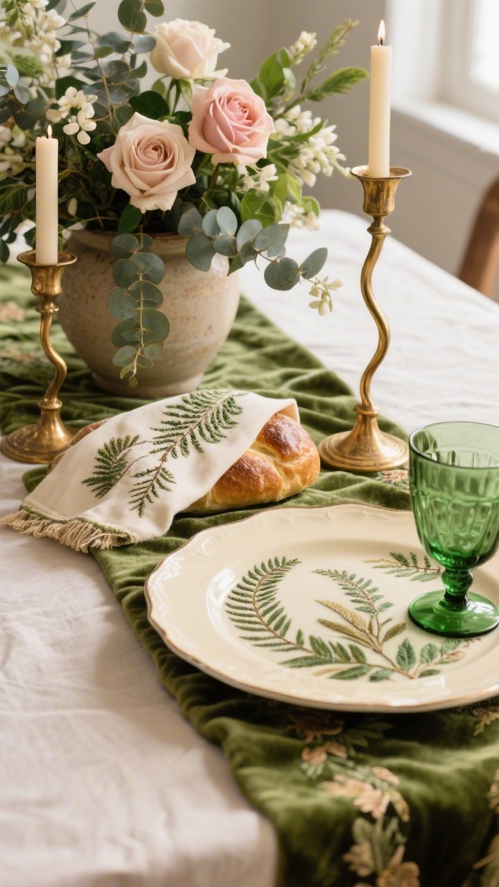 Photorealistic closeup/detail shot focusing on lush botanical textures; creamy tablecloth with moss-green velvet runner creating depth; antique brass/gold-toned curved candlesticks with a warm patina; challah cover embroidered with eucalyptus/fern motifs; loose arrangement of garden roses, eucalyptus, and jasmine spilling from a low ceramic vessel slightly out of focus in background; botanical-print salad plate atop a cream dinner plate edge, green glass goblet catching a jewel-tone highlight; soft natural daylight, shallow depth of field emphasizing embroidery and velvet pile.