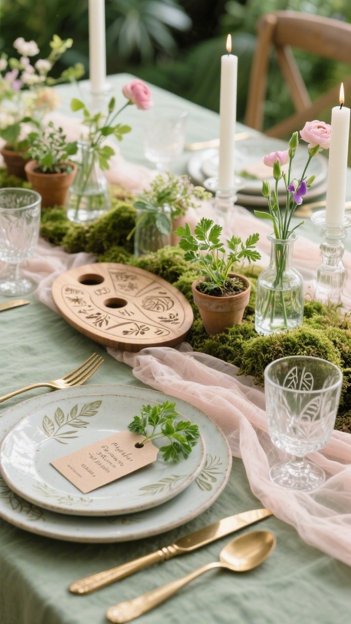 Photorealistic closeup detail shot of a Botanical Garden Sanctuary tablescape: sage/moss linen base with a gauzy runner in soft blush/cream; stoneware plates with subtle leaf motif; polished brass flatware catching soft natural light; clusters of mini potted herbs (thyme, mint, parsley) nestled among moss; glass bud vases holding ranunculus and sweet peas with a few trailing vines; clear glass hurricanes with white pillar candles set into moss; wooden Seder plate with carved wells labeled in botanical script partially visible; seed-paper place card tag and a fresh parsley sprig at the setting; delicate water glass etched with leaves; fresh, fragrant spring mood; no people.