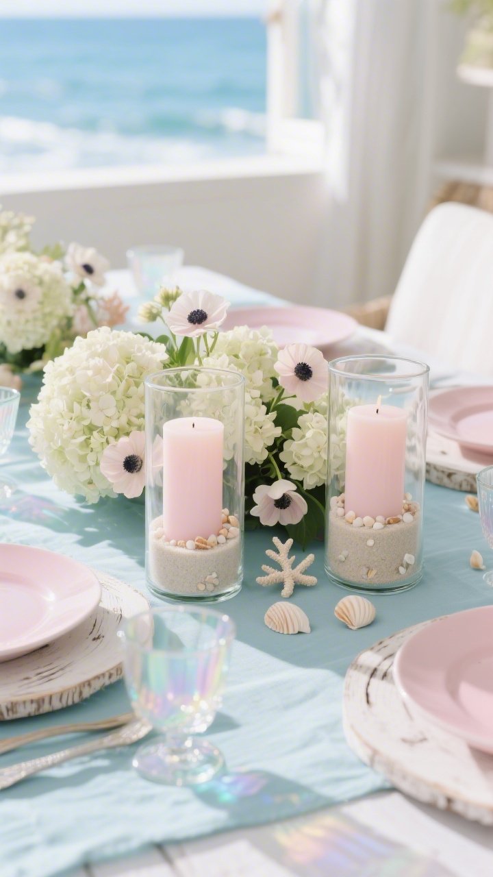 Photorealistic closeup detail shot of a coastal pastel centerpiece: hurricane vases partially filled with sand, holding pastel candles, sprinkled with tiny shells; between them, low floral clusters of hydrangeas and anemones with small coral-shaped decor accents; background hints of a pale blue linen tablecloth, whitewashed wood chargers, seafoam and shell-pink plates, and iridescent glassware; bright, breezy daylight suggesting an oceanside-inspired room; no people.
