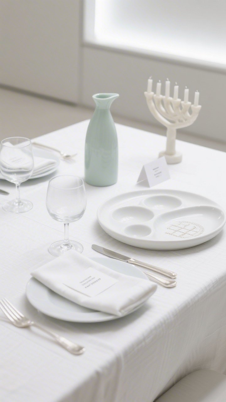 Photorealistic closeup detail shot of a Contemporary Gallery White setting under bright, even museum lighting: optic-white tablecloth with subtle texture, matte porcelain plates, smooth white flatware, frosted glass stemware. Sculptural matte-white ceramic Seder plate with recessed wells and minimalist labels as the hero object. Piqué cotton napkin folded into a sharp rectangle across the plate, clear acrylic place card nearby, slim alabaster menorah-style candelabra just out of focus. One intentional tonal disruption: a single pale-sage carafe adding a soft focal moment. Clean, calm, and minimalist, no people.