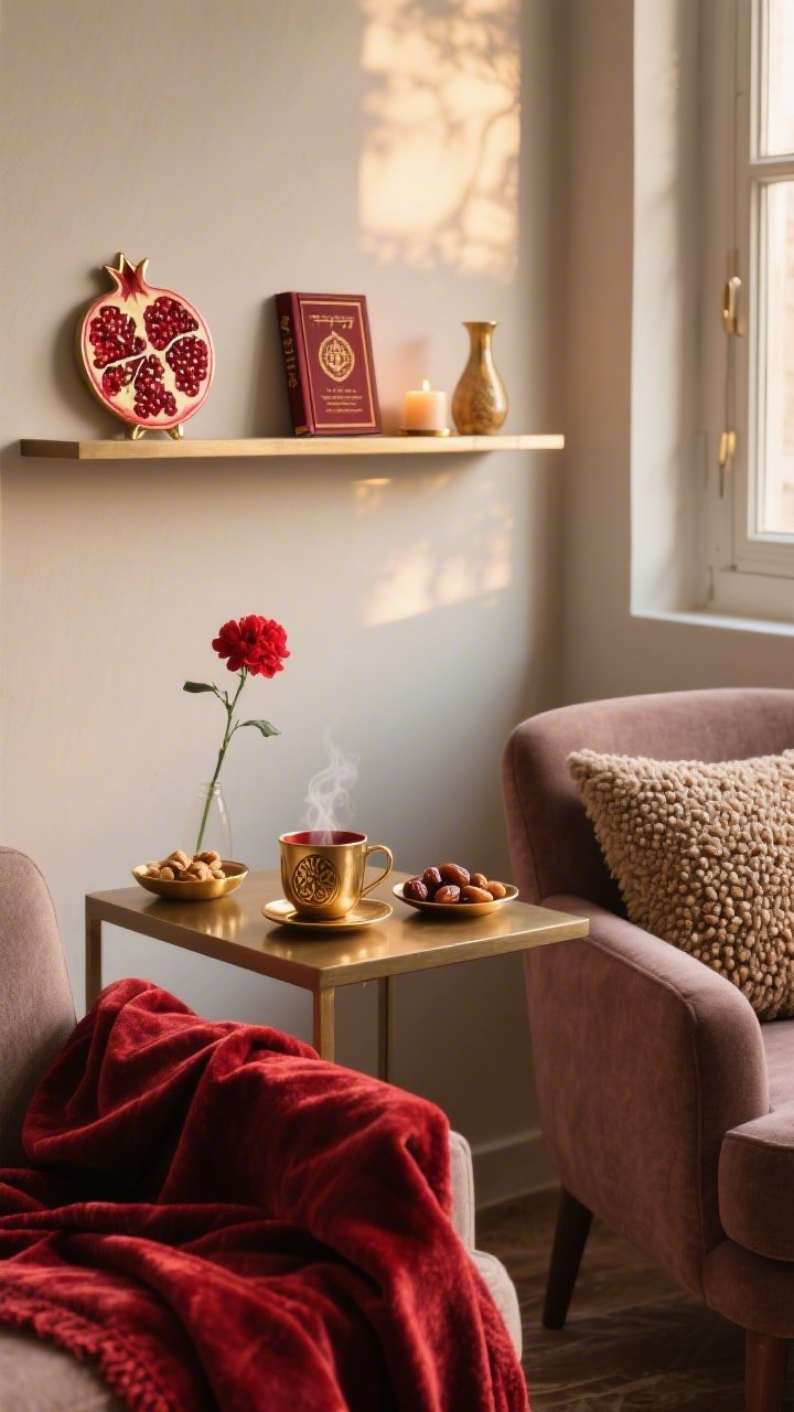 Photorealistic closeup detail shot of a cozy tea corner vignette: a slim side table by a window with soft, late-afternoon glow. On the table, a pomegranate-engraved brass coaster with a steaming cup, and a small dish of dates and nuts. Textural focus: a folded throw in pomegranate velvet draped over the edge of a nearby cushy chair, plus a bouclé cushion with a subtle seed-like weave. Above, a narrow wall shelf holds a mini enamel pomegranate icon, a travel-sized siddur, and a tiny vase with a single red bloom. Palette of deep red, warm taupe, and candlelit gold; intimate, reflective mood. No people.