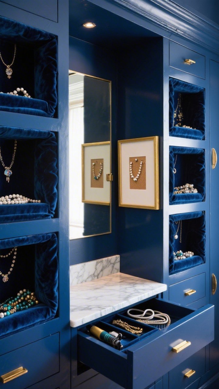 Photorealistic closeup detail shot of a modern glam armoire interior: midnight blue painted walls, high-gloss cabinet fronts with brass pulls, and velvet-lined cubbies with velvet trays holding beads and jewelry findings. Show a marble-look peel-and-stick counter surface and a mirrored door interior reflecting soft, boutique-like lighting. Include a hinged art print flipped open to reveal a petite gold-framed pinboard. Hint of a false-bottom drawer seam for hidden heat tools and a cord reel; luxe, jewel-box mood, no people.