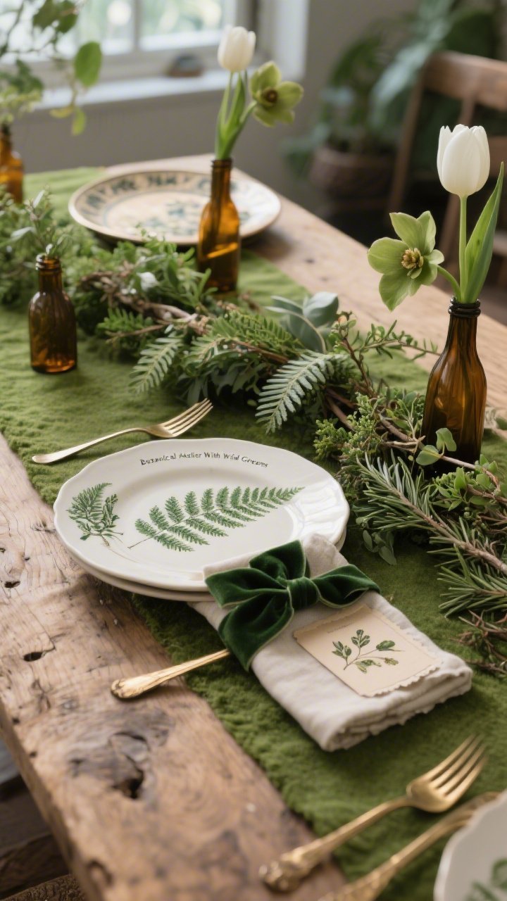 Photorealistic closeup detail shot of “Botanical Atelier With Wild Greens”: a moss-green runner over bare wood, off-white ceramic dinner plate topped with a fern-printed salad plate, antique brass flatware catching warm highlights. A living garland of foraged-style greenery—ruscus, fern fronds, rosemary, and thyme—dotted with hellebores and white tulips weaving through amber glass bottle bud vases of varied heights. Natural linen napkin wrapped with forest-green velvet ribbon, deckled-edge place card stamped with botanical ink. Pressed-botanical or hand-illustrated Seder plate blurred in background. Soft, earthy, greenhouse-meets-studio vibe.