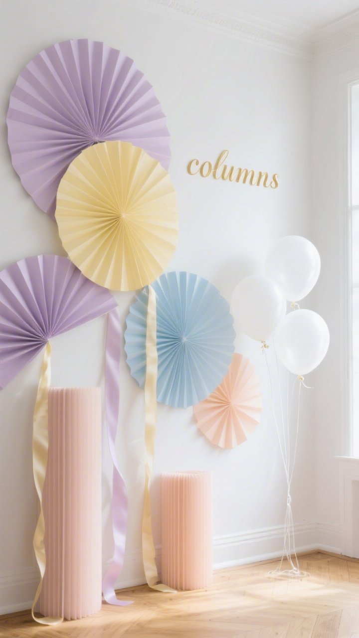 Photorealistic closeup detail shot, straight-on: a crisp white wall layered with oversized pastel paper sculptures—paper fans, accordion folds, and cylinder “columns” arranged in asymmetrical clusters; colors include lavender, butter yellow, sky blue, and peach; thin satin ribbons hanging vertically between forms for gentle movement; a soft cluster of white balloons on invisible fishing line floating at the edge of frame; tiny gold vinyl letters titling the wall subtly; background hints of blonde wood flooring; diffused natural daylight for an airy, quiet-luxe mood.