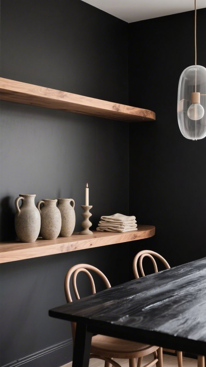 Photorealistic closeup/medium corner shot, contemporary dining: two quarter-round oak shelves wrapping a corner with a gentle radius and bevel; styled with stoneware pitchers in a line, a sculptural candle, and a small stack of oatmeal linen napkins; nearby black-stained wood dining table with airy wishbone chairs partially in frame; smoked-glass chandelier echoing the curves; palette black, natural oak, oatmeal linen; soft ambient lighting, captured from a low corner angle to emphasize curved geometry and bespoke detail.