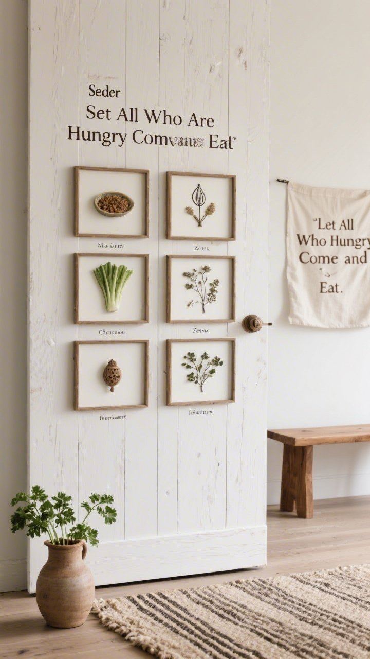 Photorealistic closeup, straight-on detail titled “Seder Symbols Showcase”: a vertical whitewashed wood panel mounted on the door, holding six small shadowbox frames in two neat columns; inside each, artistic renditions of maror, charoset, karpas, zeroa, beitzah, and chazeret using pressed botanicals, minimal line sketches, and tiny sculpted forms; refined serif labels under each item; bottom edge reveals a flat woven rug with a subtle stripe; background glimpse of a slim oak bench topped with a ceramic pitcher holding fresh parsley stems; linen banner just overhead reading “Let All Who Are Hungry Come and Eat”; soft diffuse daylight for clarity; color palette white, sage, cinnamon, deep brown.