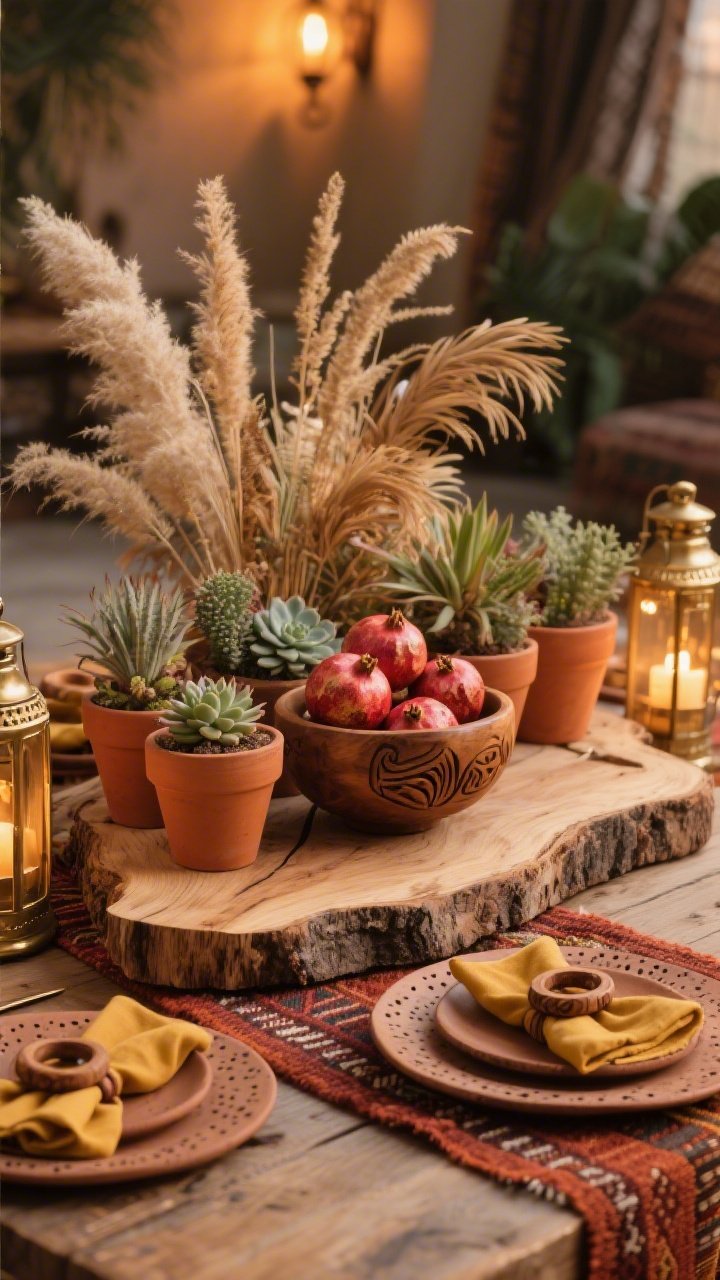 Photorealistic closeup texture-driven shot of an earthy boho centerpiece: live-edge acacia tabletop foreground with visible grain; low cluster of terracotta pots filled with succulents, pampas grass, and dried palms. Kilim table runner in rust and terracotta beneath; edges of speckled clay plates atop handwoven palm chargers peek into frame. Mustard linen napkins clipped by carved wood rings; brass tea light lanterns glow softly; a carved wooden bowl brimming with pomegranates adds richness. Warm, diffused evening light, global eclectic mood.