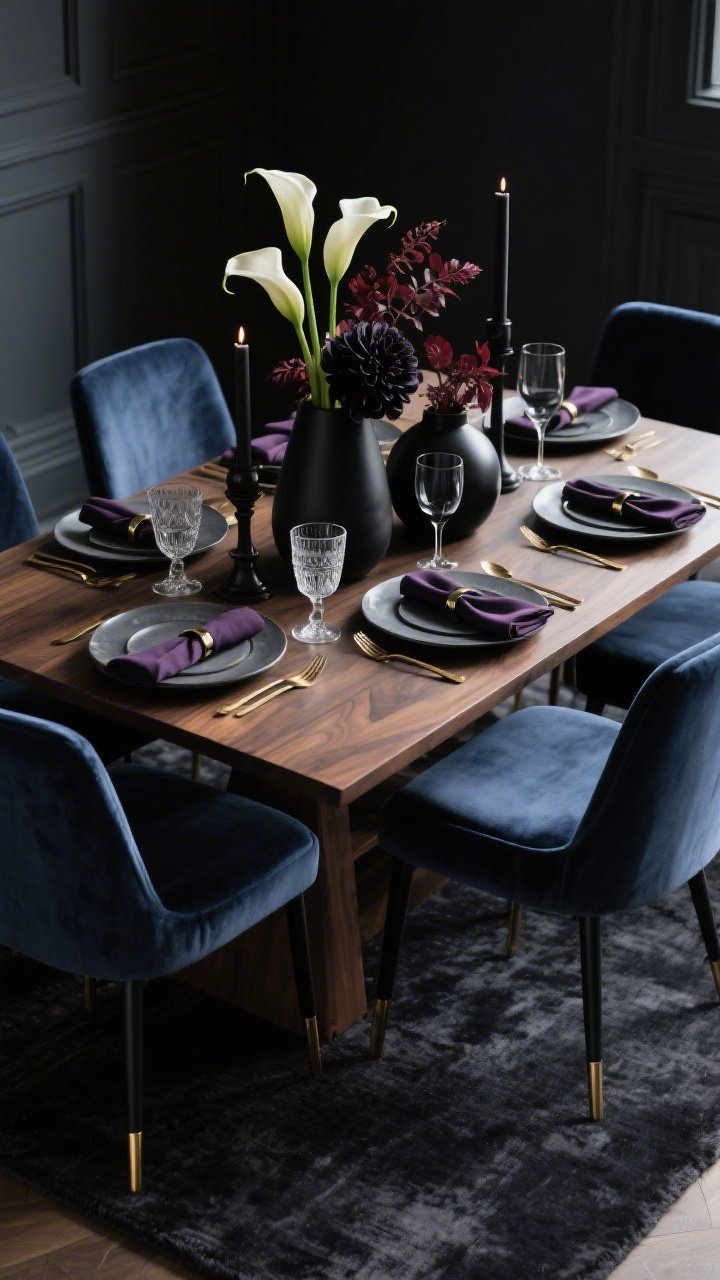Photorealistic corner-angle medium shot of a moody luxe table: deep walnut rectangular table on a charcoal rug, encircled by ink-blue velvet chairs with blackened brass legs. Set with charcoal stoneware plates over smoked mirror chargers, brushed brass flatware, and eggplant linen napkins threaded through modern black napkin rings. Center cluster of matte-black vases filled with calla lilies, dark dahlias, and burgundy foliage. Smoky gray votives and two tall black tapers add drama; black-stem wine glasses alongside cut-crystal water goblets. Low, cinematic lighting with strong contrast, rich shadows.