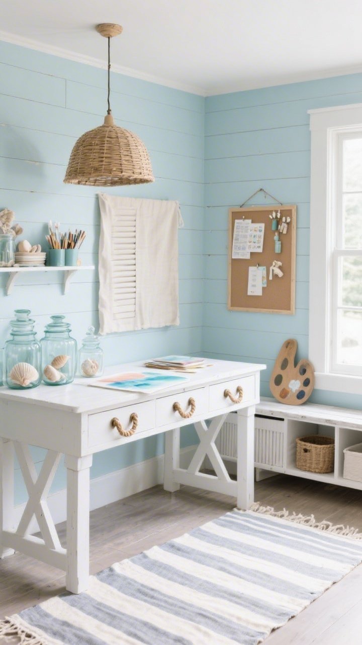 Photorealistic corner wide shot of a Coastal Calm Craft Corner: soft blue shiplap walls, white trestle table set for watercolor; woven rope handles on drawers; glass apothecary jars with seashells and supplies catching light like beach glass; striped cotton runner on the floor; rattan pendant overhead, linen pinboard on wall, slatted bench storage nearby; palette of seafoam, sand, white, driftwood gray; bright, breezy daylight.