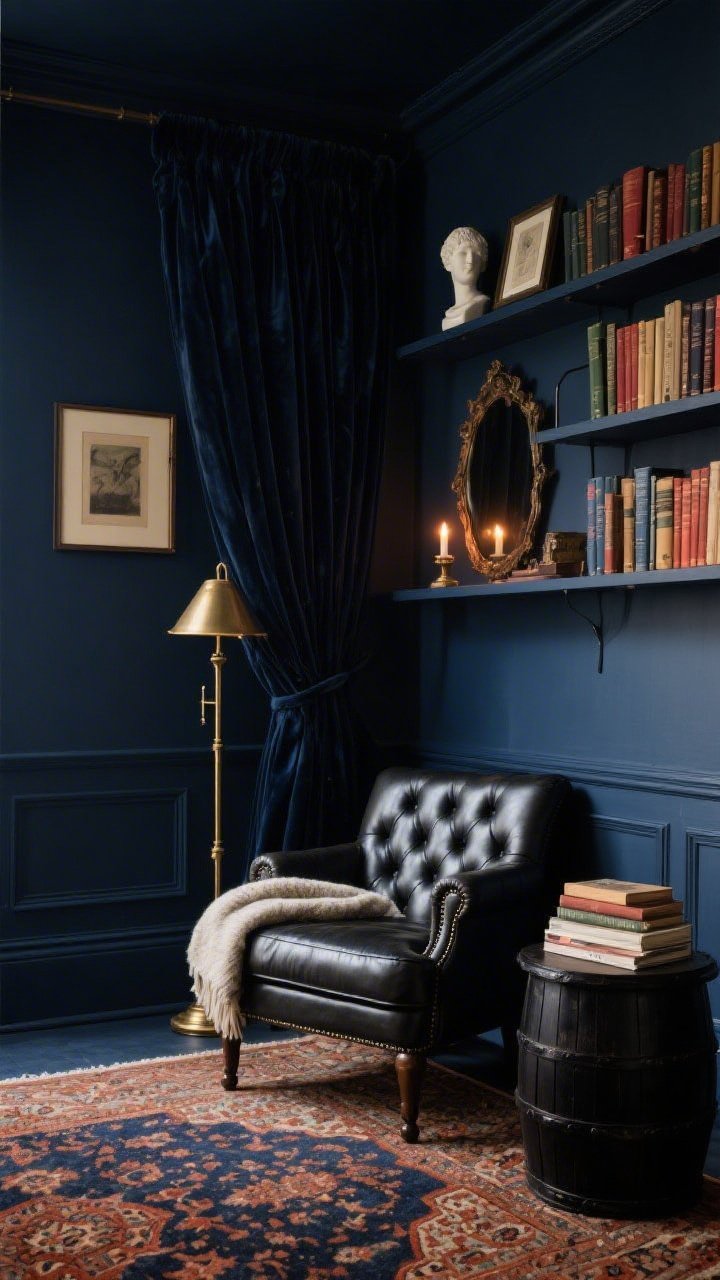 Photorealistic cozy corner shot of a moody library nook: walls and built-ins painted deep blue-black, color-wrapped for immersion; a tufted leather club chair angled toward a black wood drum side table with a small stack of books; vintage-style Persian rug in rust and navy underfoot; brass pharmacy floor lamp providing focused reading light; shelving styled with books grouped by spine color, small busts, and framed art; velvet curtains in a deep tone pooling slightly; a wool throw draped over the chair; a small antique-look mirror on a shelf reflecting candlelight; intimate, inky atmosphere captured from a diagonal corner viewpoint.