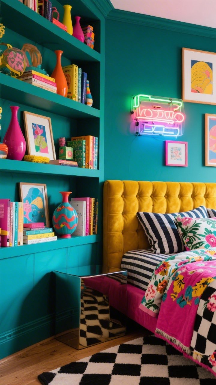 Photorealistic detail closeup, dynamic corner angle of maximalist shelves: thick wall shelves painted the same deep emerald (or electric cobalt) as the wall for a saturated, built-in look; shelves overflowing intentionally with vibrant books, quirky vases, framed art, and a neon sign casting a colorful glow; edge of a channel-tufted velvet headboard in marigold (or fuchsia) peeking into frame; layered patterns hinted—striped shams, floral duvet, graphic throw—and a glimpse of a black-and-white checkerboard rug below; lacquered side table corner visible; high-energy, playful, Instagram-ready mood with mixed ambient and neon lighting; no people.