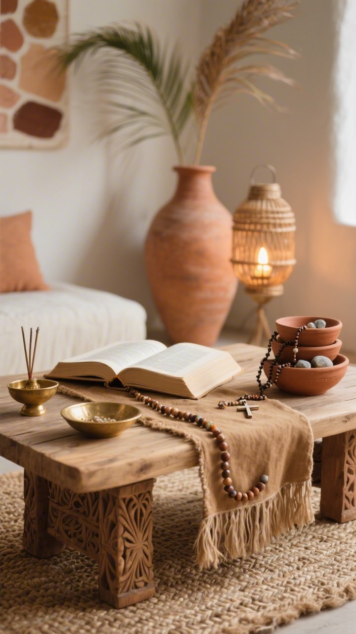 Photorealistic detail closeup from a low angle of a boho sanctuary coffee table: low wood table with a woven jute mat layered under a fringed camel-toned runner; open Bible on a hand-carved pedestal; beaded garlands draped nearby; small brass incense dish; stacked terra-cotta bowls holding rosaries and stones; rattan lantern glowing warmly in background bokeh; tall earthen vase with an arcing palm frond; palette terracotta, camel, cream, brass; textures jute, rattan, carved wood, clay; intimate warm ambient light, no people