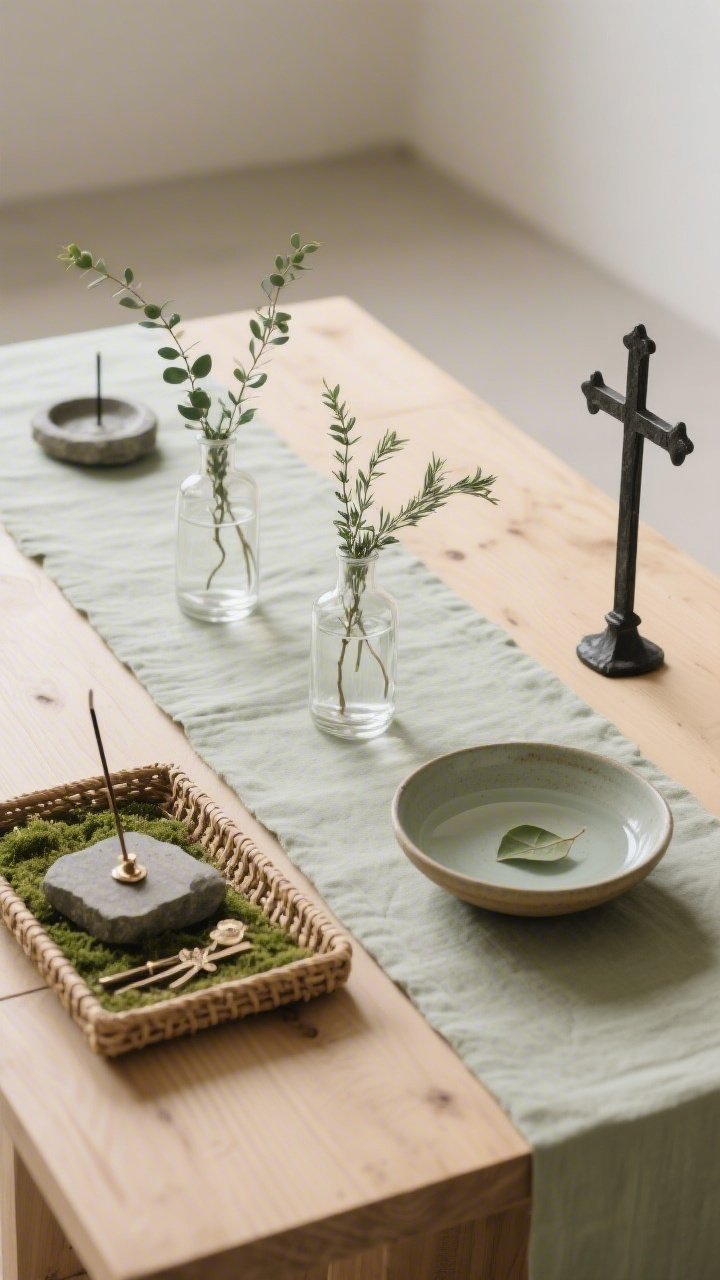 Photorealistic detail closeup from a slight overhead angle focusing on sacred botanicals: a light wood altar surface with a sage linen runner; three clear glass bud vases holding airy stems of ivy, myrtle, or rosemary; natural textures including a rattan tray with devotionals, a stone incense dish, and a slender iron cross partially in frame; a shallow ceramic bowl of water with a single floating leaf catching soft natural light; color palette of sage, moss, cream, and soft black accents; calm, fresh, unscented ambiance.
