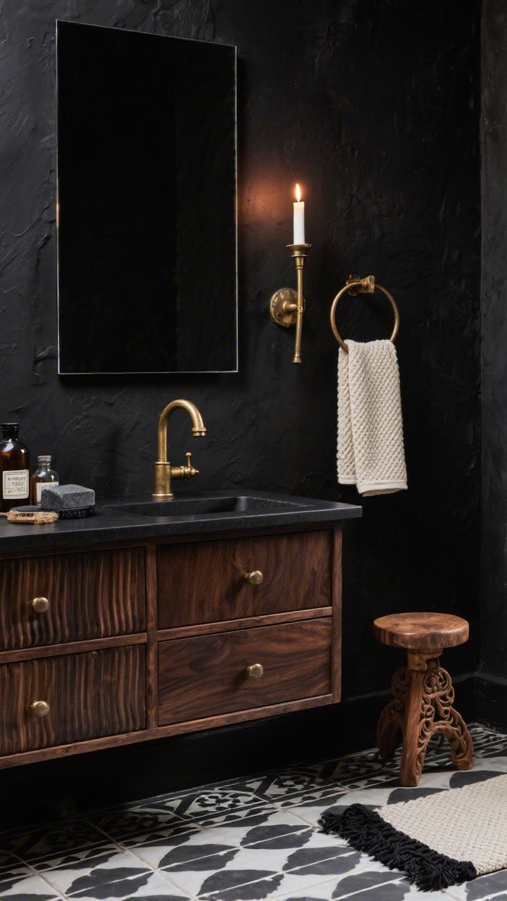 Photorealistic detail closeup, Moody Boho Noir: inky dark wall background with subtle texture; walnut vanity with fluted drawer fronts; smoked black frameless mirror edge in view; antique brass curved faucet and towel ring with warm patina; tubular antique brass sconce emitting candlelike glow; Moroccan-inspired black-and-ivory floor tiles framing the bottom of the shot; styled accents of vintage apothecary bottles, charcoal soap, and a carved wood stool edge; cream waffle towel and black fringed runner softening the scene; moody, low-key lighting.