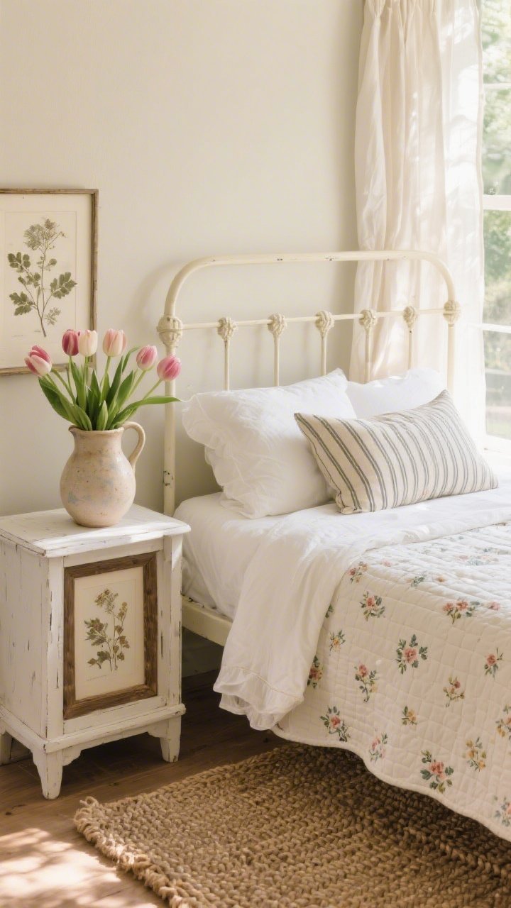 Photorealistic detail closeup of a Modern Cottage Bloom vignette: painted iron bedframe in cream with cotton percale sheets, topped by a quilted coverlet; a mix of tiny ditsy floral pillows paired with a ticking stripe lumbar for pattern balance; backdrop of breathable buttermilk wall; café curtains in airy cotton letting sunlight stream; on a whitewashed nightstand, a ceramic pitcher filled with fresh tulips; pressed botanical prints partially in frame; braided sisal rug texture visible below; warm, sunlit, storybook-charming mood.